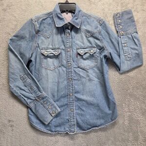 Levis Top Womens Large Blue Long Sleeve Snap Button Collared Faded Western Denim